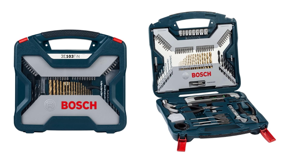 Exibindo Visão da maleta do Bosch Kit de pontas e brocas em titânio X-Line com 103 peças