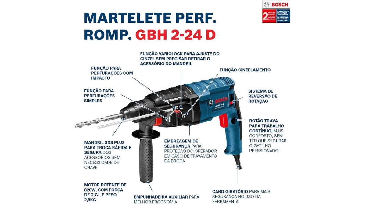 Detalhes da carcaça e motor do Bosch Martelete Perfurador