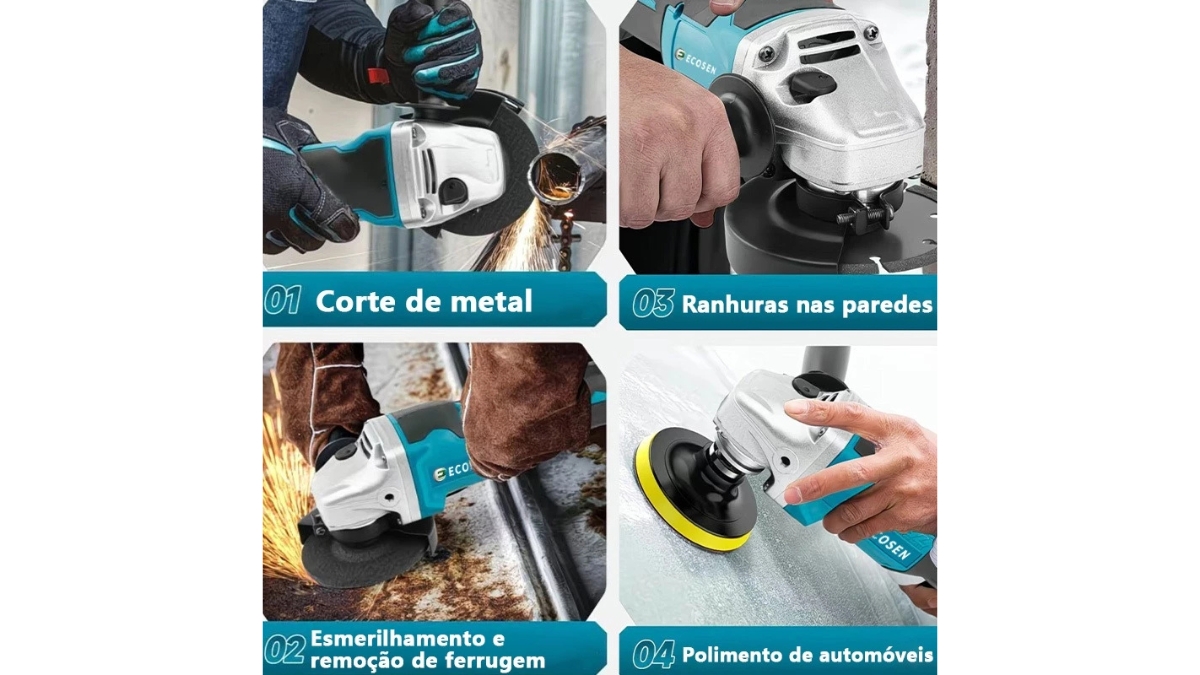 Componentes e botões da Esmerilhadeira Angular Sem Fio Brushless