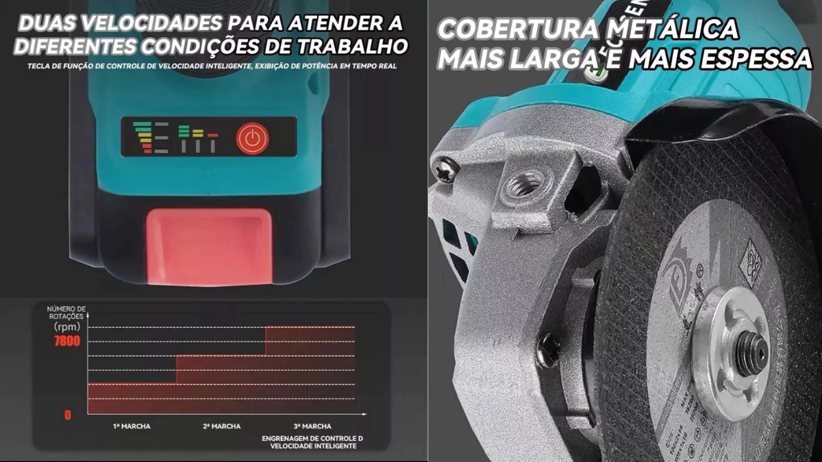 Detalhes do motor e acabamento emborrachado da Esmerilhadeira Brushless Shopee