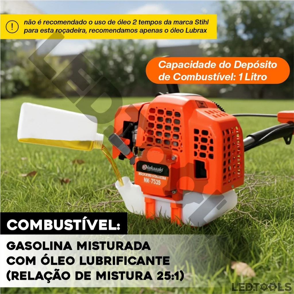 Especificações técnicas do aparador de grama a gasolina mostrando o eixo bipartido