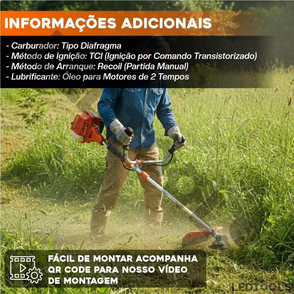 Aparador de Grama a Gasolina Nakasaki em detalhes de motor e estrutura