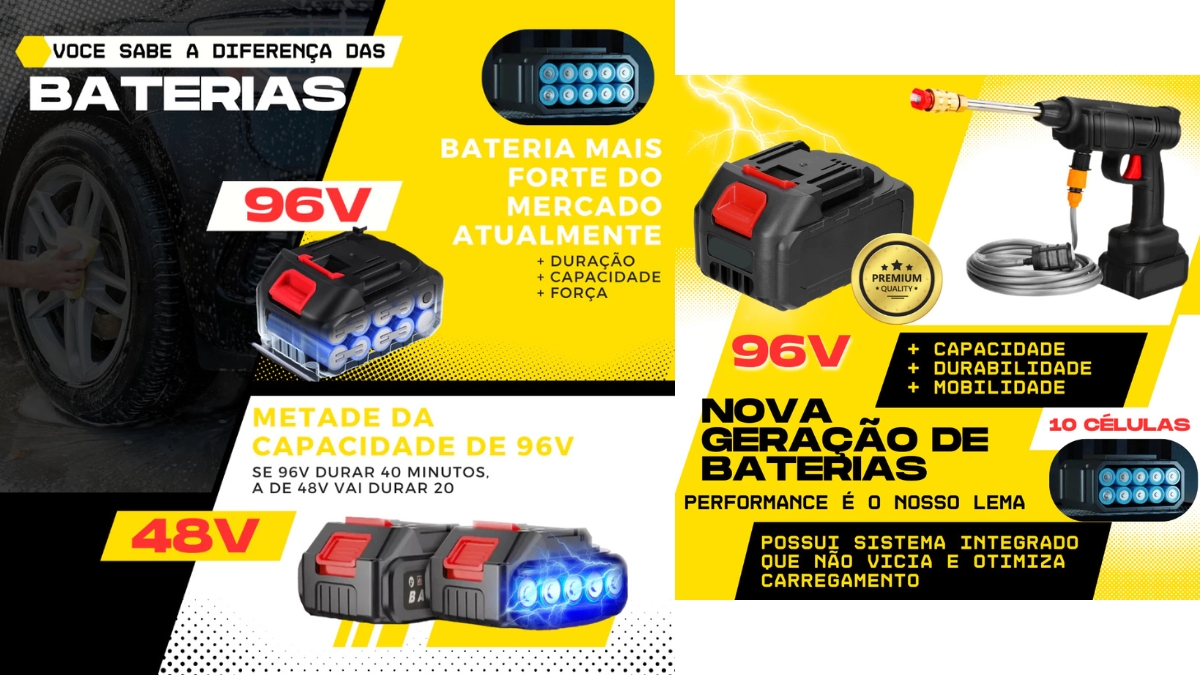 Especificações de vazão e potência da lavadora portátil